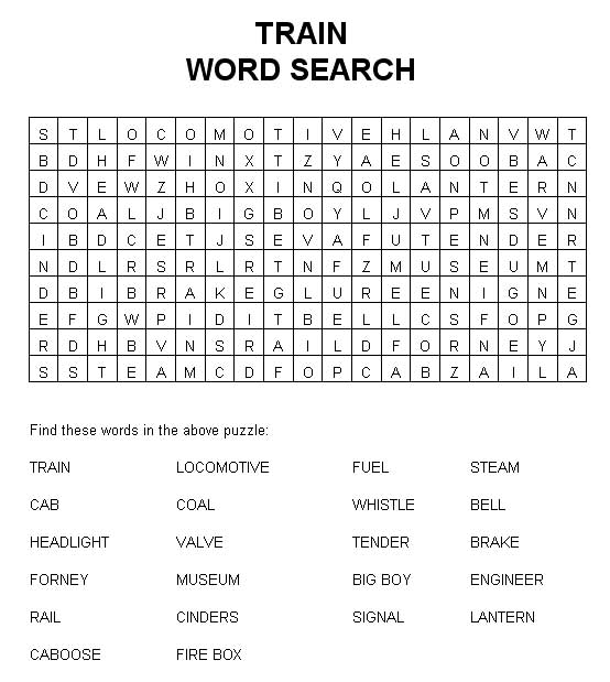 wordsearch for kids. Train Word Search